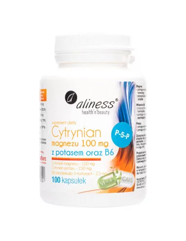Aliness Cytrynian Magnezu 100 mg z potasem 150 mg i witaminą B6 100 kapsułek 01